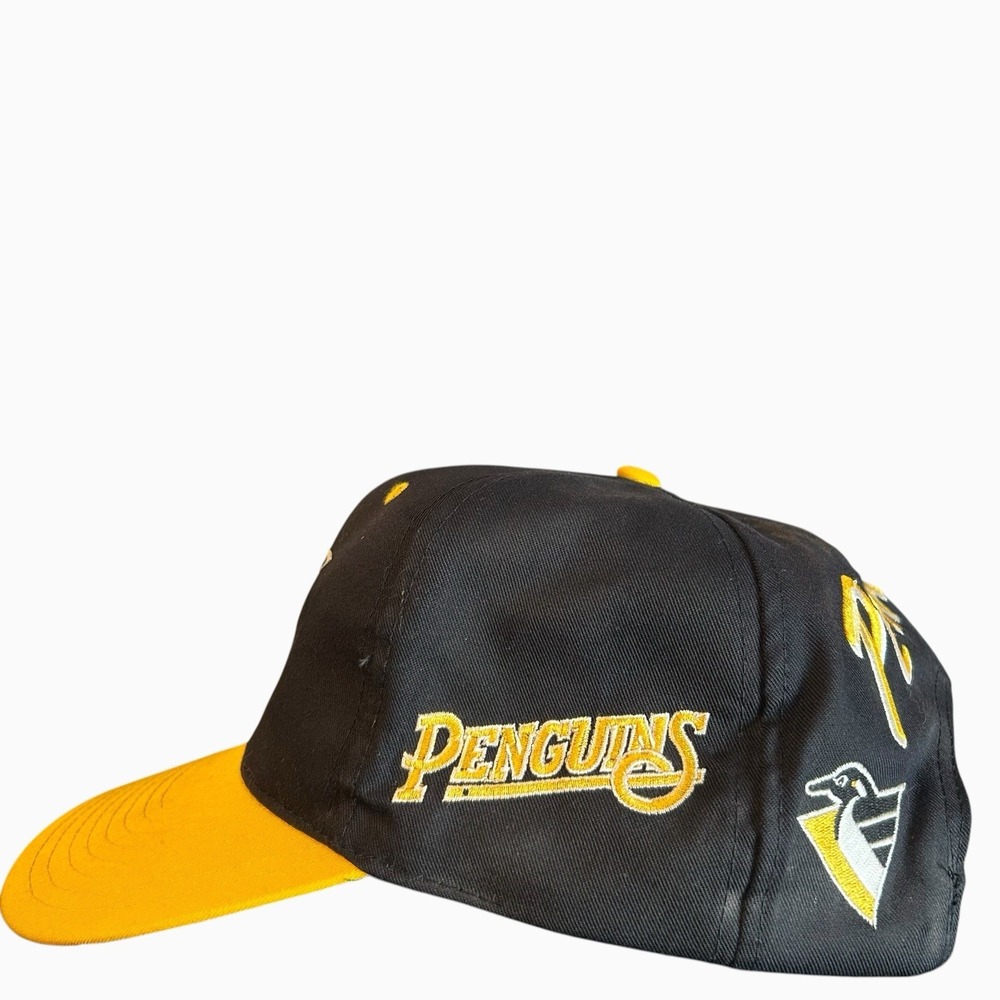 Vintage 90s NHL Pittsburgh Penguins Hat Logo Snap Back Hockey Cap Black Yellow